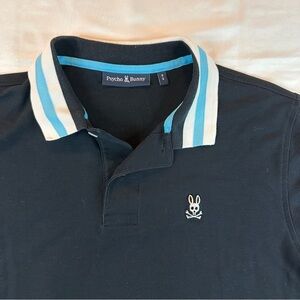 Psycho Bunny Polo Shirt Mens Sz M Black Blue/White Collar White Logo Cotton 492